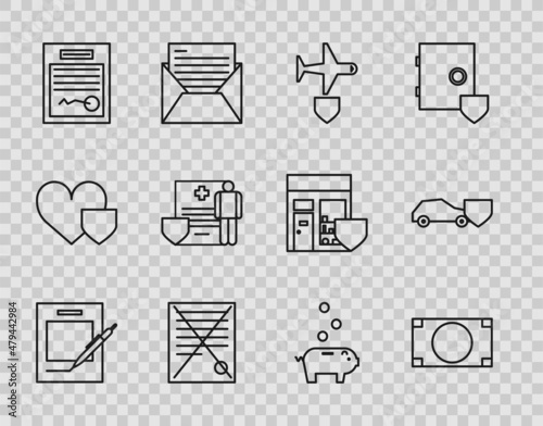 Set line Blank notebook and pen, Stacks paper money cash, Plane with shield, Delete file document, Filled form, Medical clipboard clinical record, Piggy bank coin and Car icon. Vector