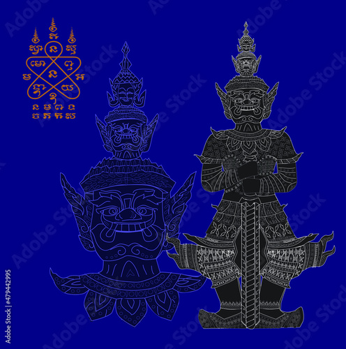 Illustration Vector Thao Wessuwan, giant, with talisman characters on a blue background 3