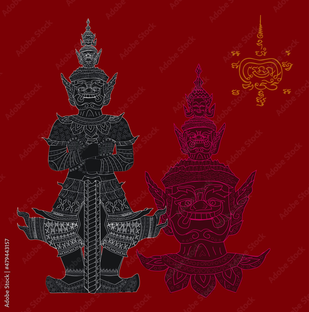Illustration Vector Thao Wessuwan, giant, with talisman characters on a gray background 
