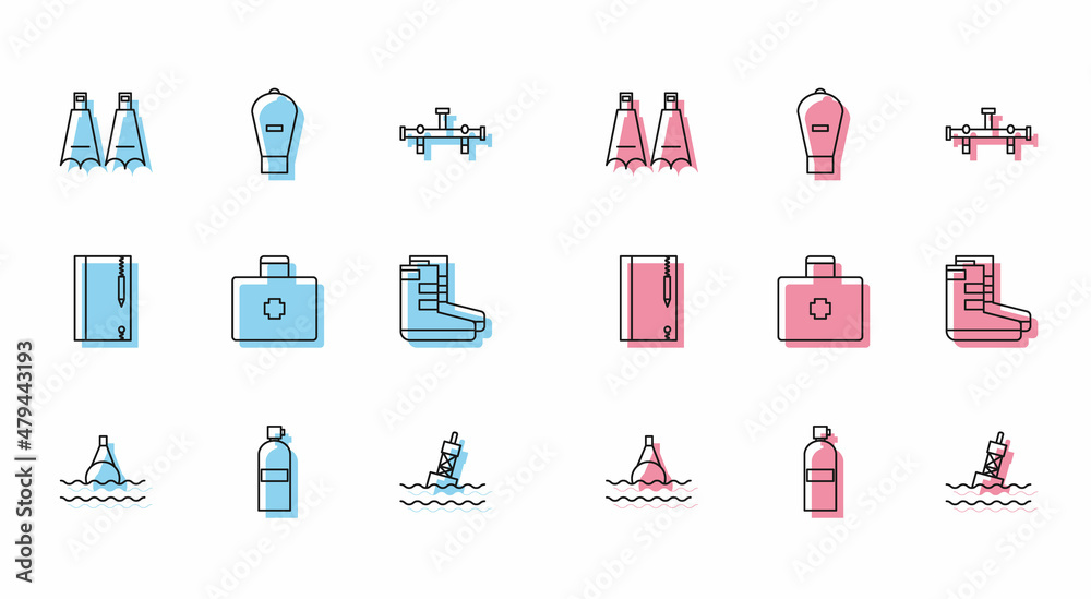 Set line Floating buoy on the sea, Aqualung, Rubber flippers for swimming, First aid kit, Boots, Underwater note book and pencil and Lift bag icon. Vector Set line Floating buoy on the sea, Aqualung, Rubber flippers for swimming, First aid kit, Boots, Underwater note book and pencil and Lift bag icon. Vector