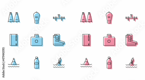 Set line Floating buoy on the sea, Aqualung, Rubber flippers for swimming, First aid kit, Boots, Underwater note book and pencil and Lift bag icon. Vector