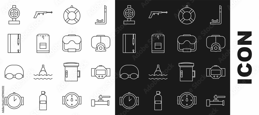Set line Industry metallic pipes and valve, Diving watch, mask, Lifebuoy, Backpack, Underwater note book pencil, and icon. Vector Set line Industry metallic pipes and valve, Diving watch, mask, Lifebuoy, Backpack, Underwater note book pencil, and icon. Vector