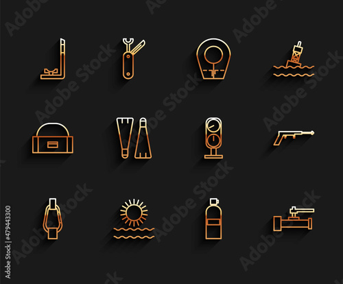 Set line Carabiner, Sun and waves, Snorkel, Aqualung, Industry metallic pipes valve, Rubber flippers for swimming, Fishing harpoon and Gauge scale icon. Vector