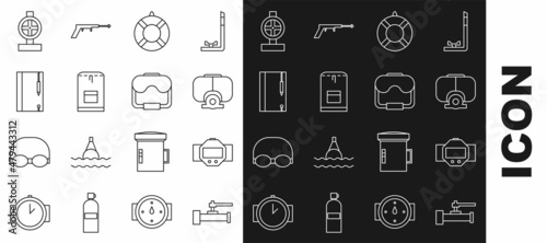 Set line Industry metallic pipes and valve, Diving watch, mask, Lifebuoy, Backpack, Underwater note book pencil, and icon. Vector