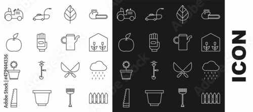 Set line Garden fence wooden, Cloud with rain, Home greenhouse and plants, Leaf, gloves, Apple, Tractor and Watering can icon. Vector