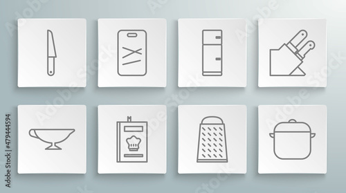Set line Sauce boat, Cutting board, Cookbook, Grater, Cooking pot, Refrigerator, Knife and icon. Vector