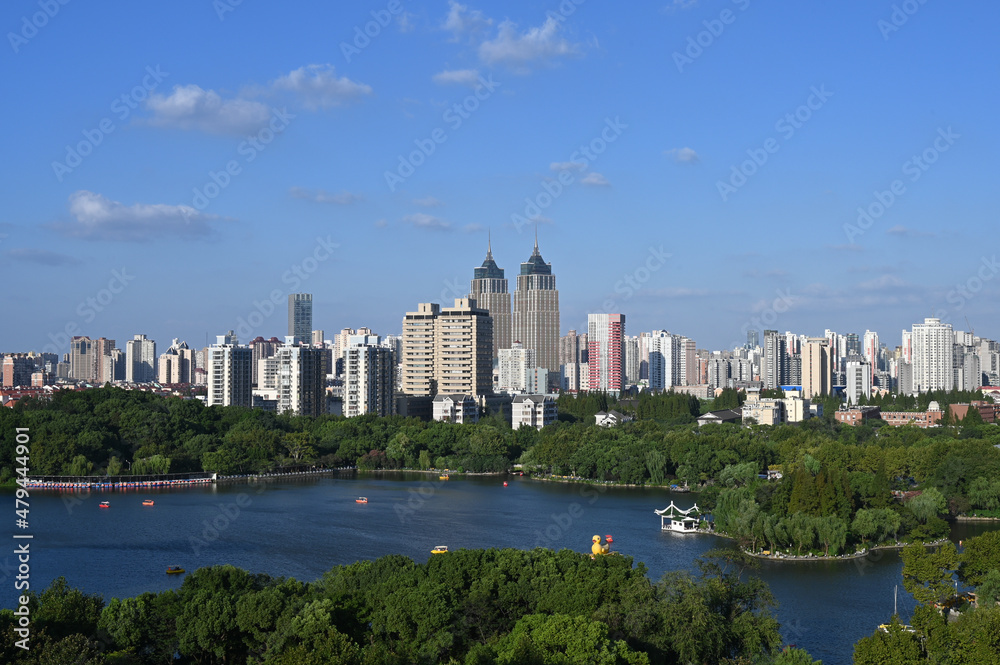 Lake view of city Park in downtown Shanghai, China