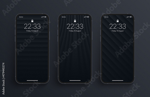 Different Variations Minimalist Black 3D Smooth Lines Geometric Wallpaper Set On Photo Realistic Smart Phone Screen Isolated On Dark Background. Vertical Abstract Blurred Screensavers For Smartphone