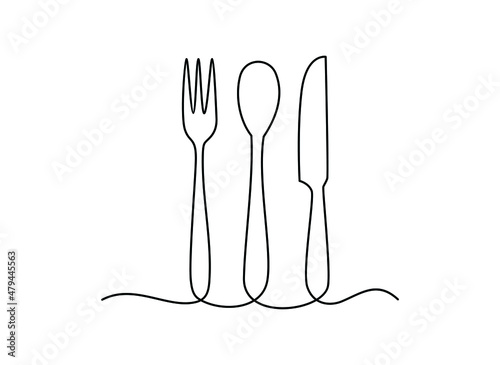 Continuous One Line Drawing. Spoons, Forks, Knife, Eating Utensils. 