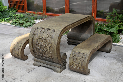 Chinese garden outdoor classical style stone table and stool photo