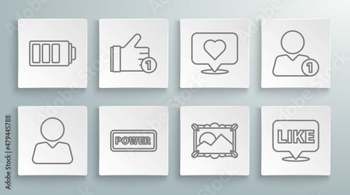 Set line Add to friend, Hand like, Power button, Picture landscape, Like in speech bubble, heart, and Battery charge level indicator icon. Vector