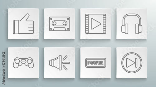 Set line Gamepad, Retro audio cassette tape, Speaker volume, Power button, Fast forward, Play Video, Headphones and Hand like icon. Vector