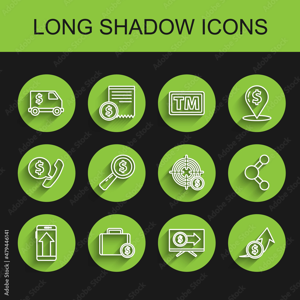 Set line Smartphone, mobile phone, Briefcase and money, Armored truck, Monitor with dollar, Financial growth coin, Magnifying glass, Share and Target symbol icon. Vector Set line Smartphone, mobile phone, Briefcase and money, Armored truck, Monitor with dollar, Financial growth coin, Magnifying glass, Share and Target symbol icon. Vector