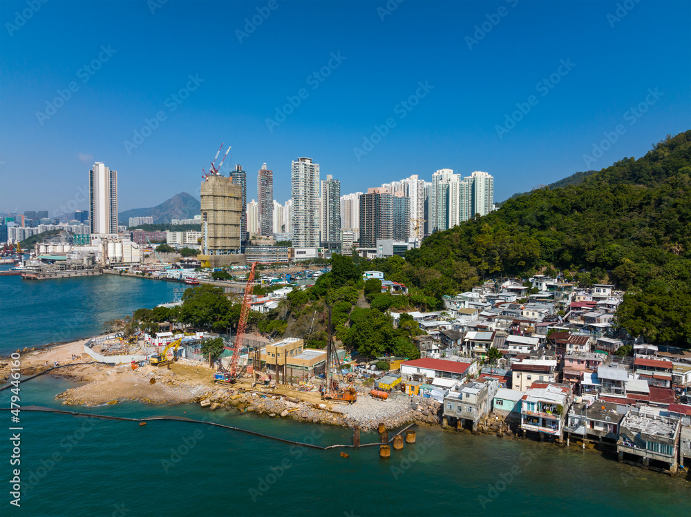 Drone fly Hong Kong fishing village