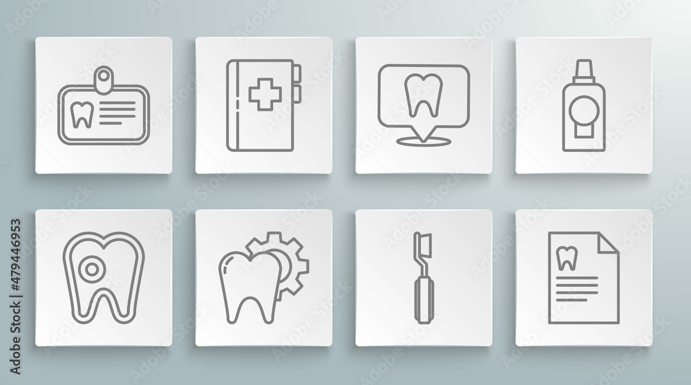 Set line Tooth with caries, Clipboard dental card, treatment procedure, Toothbrush, Dental clinic location, Mouthwash plastic bottle and Id tooth icon. Vector Set line Tooth with caries, Clipboard dental card, treatment procedure, Toothbrush, Dental clinic location, Mouthwash plastic bottle and Id tooth icon. Vector
