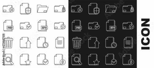 Set line Finance document, Document, folder with star, and check mark, PSD file, Delete and EPS icon. Vector