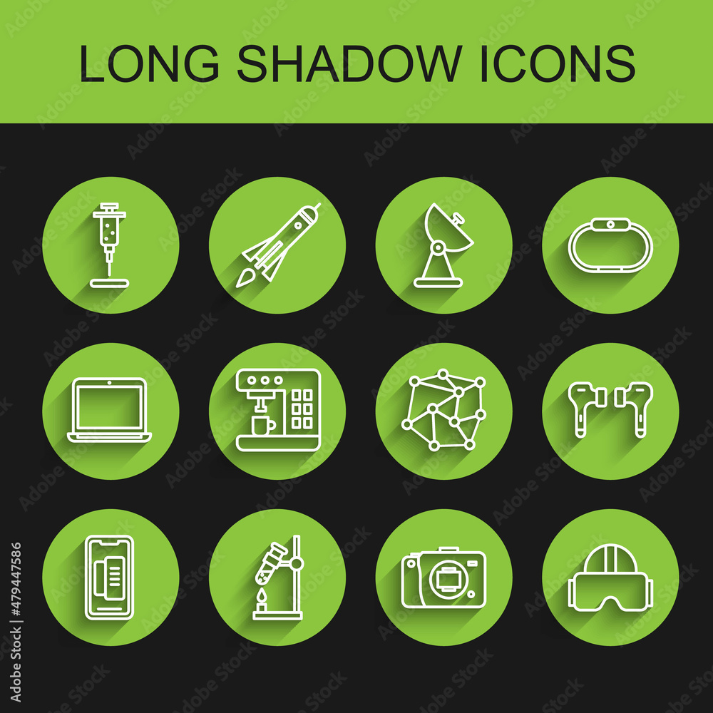 Set line Smartphone, mobile phone, Test tube flask fire, Syringe, Mirrorless camera, Virtual reality glasses, Coffee machine, Air headphones and Neural network icon. Vector Set line Smartphone, mobile phone, Test tube flask fire, Syringe, Mirrorless camera, Virtual reality glasses, Coffee machine, Air headphones and Neural network icon. Vector