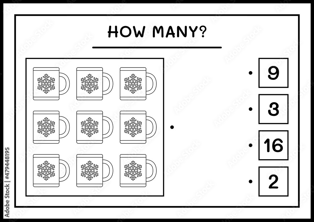 How many christmas mug, game for children. Vector illustration, printable worksheet How many christmas mug, game for children. Vector illustration, printable worksheet