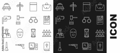 Set line Holy bible book, Jurors, Lawsuit paper, Plastic bag with ziplock, Judge gavel, Security camera, Police car and flasher and Handcuffs icon. Vector