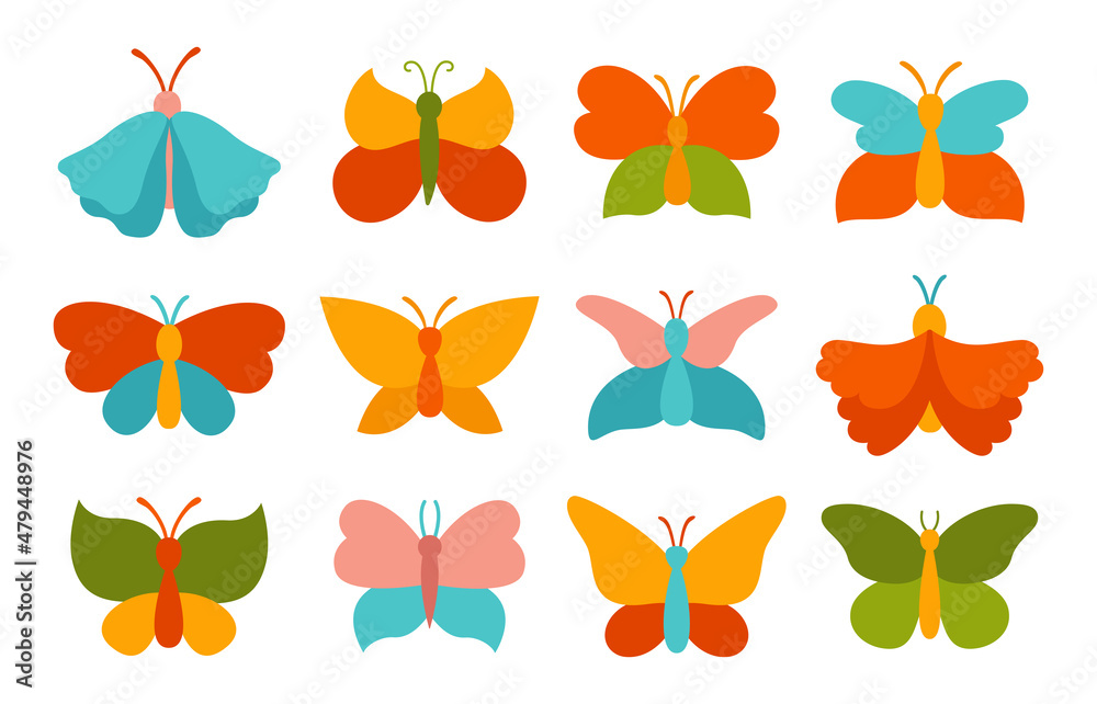 Fototapeta premium Butterfly exotic simple trend flat set. Elegant modern butterflies and moths isolated collection. Abstract stylized tropical insect wings. Wildlife childrens symbol, decorative design elements vector