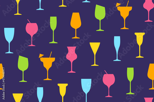 Seamless pattern with colored glasses with cocktails. Suitable for backgrounds and covers, for packaging goods. The culture of drinking alcoholic beverages. Banner, postcard. Vector illustration