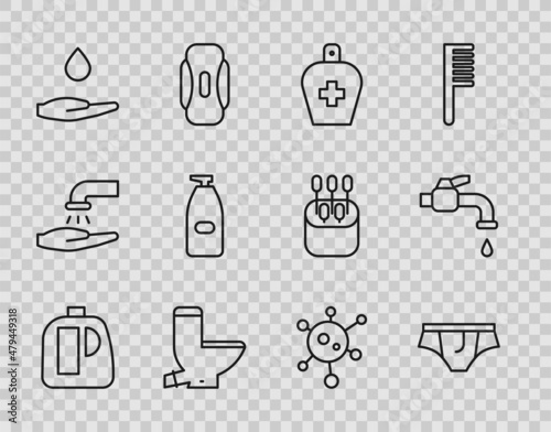Set line Bottles for cleaning agent, Underwear, of liquid antibacterial soap, Toilet bowl, Washing hands with, Virus and Water tap icon. Vector