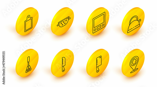 Set line Chef hat with location, Meat chopper, Knife, Spatula, Kettle handle, Electronic scales, Kitchen colander and Cutting board icon. Vector