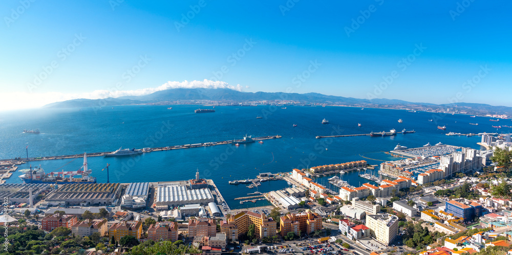 Panoramic view from the Rock of Gibraltar of the city, Mediterranean sea and port.