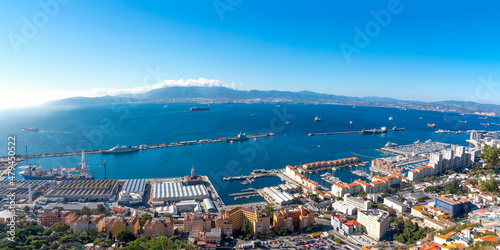 Panoramic view from the Rock of Gibraltar of the city, Mediterranean sea and port.