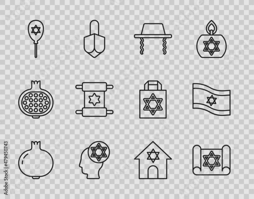 Set line Pomegranate, Torah scroll, Orthodox jewish hat, Balloon with star of david, Jewish synagogue and Flag Israel icon. Vector