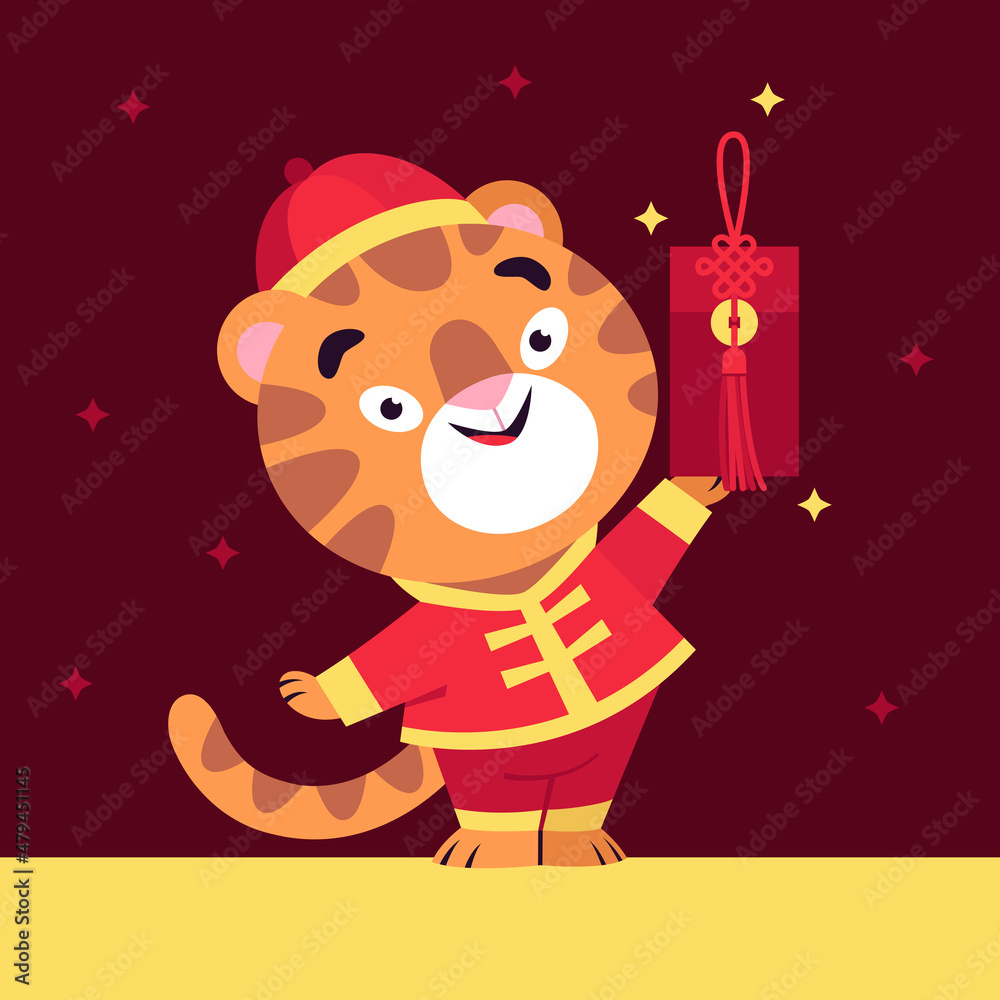 Fototapeta premium Vector cartoon tiger character. A vector tiger in Chinese New Year costume with red money envelope. The symbol of the 2022 according to the eastern calendar. Cute character for cards, posters, banners
