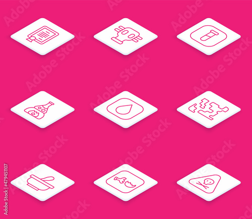 Set line Certificate template, Gas mask, Test tube and flask, on fire, Water drop, Gaseous, Mortar pestle and Broken icon. Vector