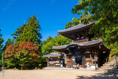 青空と秋の寺院・霊火堂