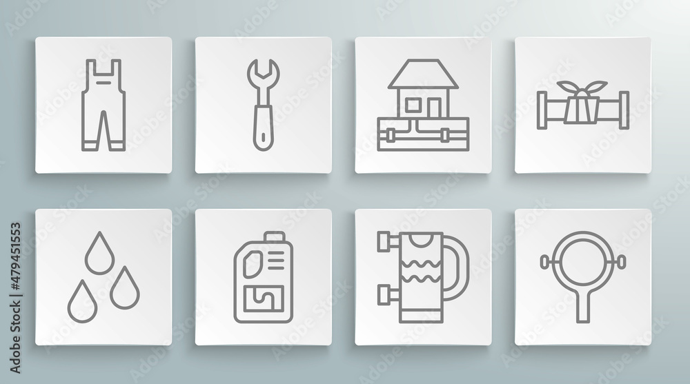 Set line Water drop, Wrench spanner, Drain cleaner bottle, Heated towel rail, Filter wrench, supply pipes, Industry metallic and Work overalls icon. Vector Set line Water drop, Wrench spanner, Drain cleaner bottle, Heated towel rail, Filter wrench, supply pipes, Industry metallic and Work overalls icon. Vector