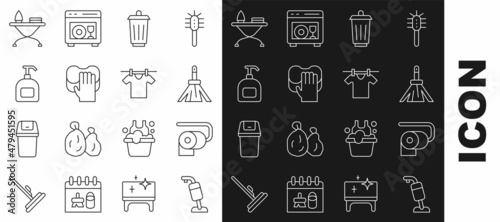 Set line Vacuum cleaner, Toilet paper roll, Handle broom, Trash can, Cleaning service, Bottle of liquid soap, Iron ironing board and Drying clothes icon. Vector