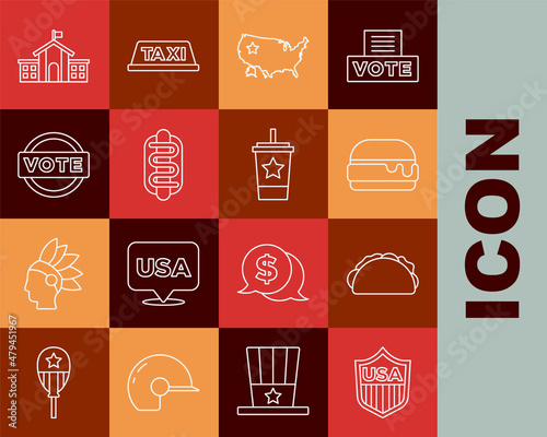 Set line Shield with stars, Taco tortilla, Burger, USA map, Hotdog sandwich, Vote, United States Capitol Congress and Paper glass straw icon. Vector