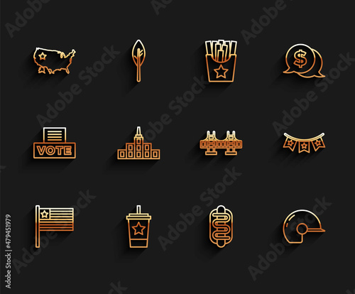 Set line American flag, Paper glass with straw, USA map, Hotdog sandwich, Baseball helmet, City landscape, Carnival garland flags and Golden gate bridge icon. Vector