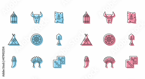 Set line Tooth, Indian headdress with feathers, Dynamite bomb, Game dice, Old wooden wheel, Shovel, teepee or wigwam and Buffalo skull icon. Vector