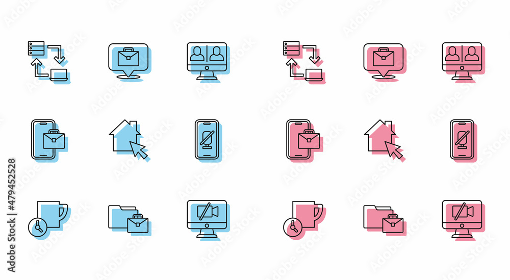 Set line Time management, Online working, Video camera Off on computer, Mute microphone mobile, Freelancer and icon. Vector Set line Time management, Online working, Video camera Off on computer, Mute microphone mobile, Freelancer and icon. Vector