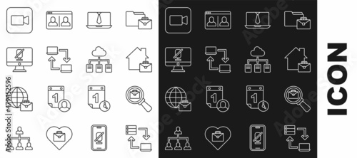 Set line Online working, Magnifying glass with briefcase, Video chat conference, Mute microphone computer, Camera and icon. Vector