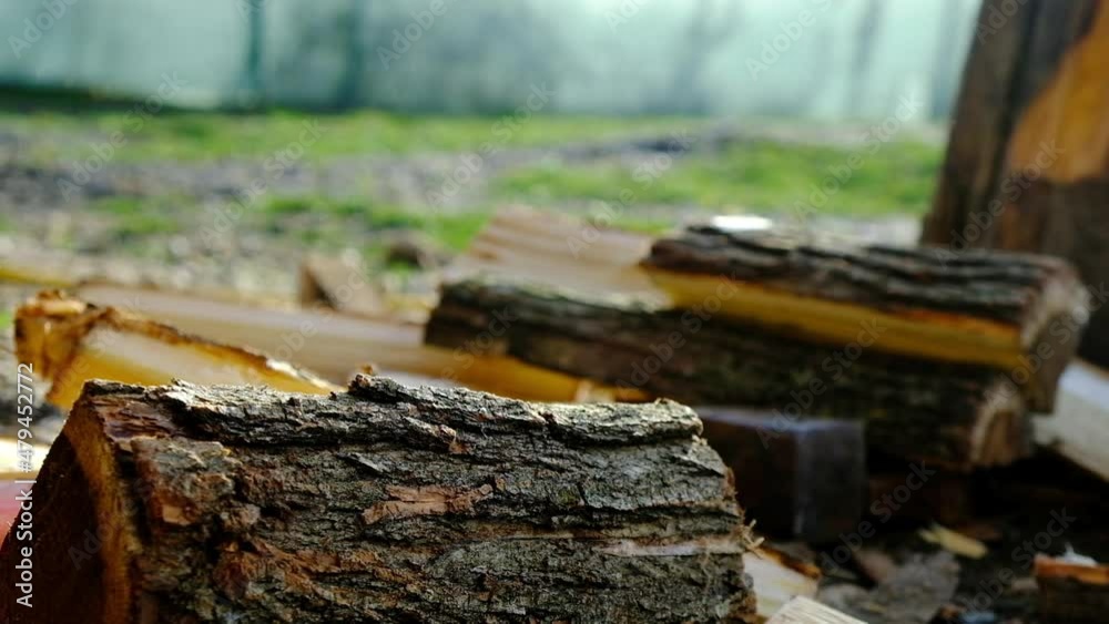 Take wood for the fire. A woman's hand takes firewood, close-up. Take wood for the fire. A woman's hand takes firewood, close-up.