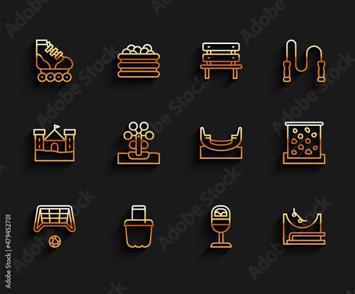 Set line Soccer goal with ball, Sand in bucket, Roller skate, Trash can, Skate park, Ferris wheel, Climbing wall and Boat swing icon. Vector