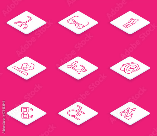 Set line Walking stick cane, Blind glasses, Human broken arm, Head of deaf and dumb, Electric wheelchair, Hearing aid, Eyeglasses and Wheelchair icon. Vector