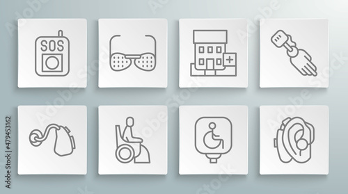 Set line Hearing aid, Blind glasses, Woman wheelchair, Disabled, Medical hospital building, Prosthesis hand and Press SOS button icon. Vector