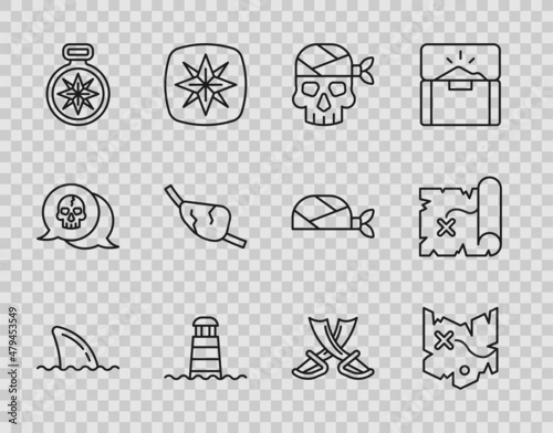 Set line Shark fin in ocean wave, Pirate treasure map, captain, Lighthouse, Compass, eye patch, Crossed pirate swords and icon. Vector