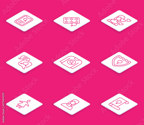 Set line Dating app, Packaging of birth control pills, Love yourself, Gender equality, Feminist shirt, shield, Female, and icon. Vector