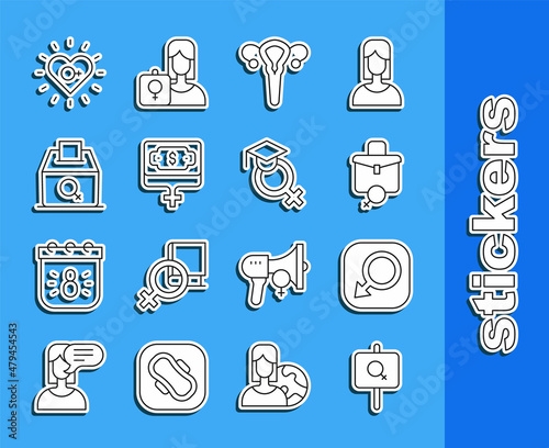 Set line Feminist activist, Male gender, Work for female, Female reproductive system, Money growth woman, vote right, Feminism and Teacher icon. Vector