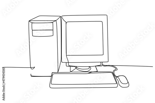 Continuous line drawing of a pc computer desktop. including keyboard CPU mouse and monitor