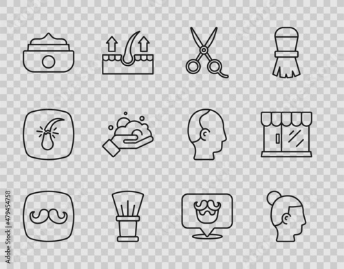 Set line Barbershop, Hairstyle for men, Scissors hairdresser, Shaving brush, Gel wax styling, foam on hand, and building icon. Vector