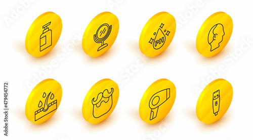 Set line Hair clipper, dryer, Mustache and beard, Oil for hair care treatment, Baldness, Hand mirror and Bottle of shampoo icon. Vector